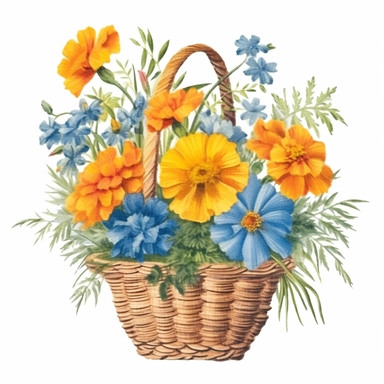 Design a dreamy watercolor clipart of frenchfarmhouse-inspired Marigolds, cornflowers, and cosmos arranged in a wicker basket composition, hand-painted with soft and graceful brushstrokes. Draw inspiration from the artistic finesse of Ethereal Petals Watercolors for a refined and ethereal depiction. isolated on a white background, hand-drawn illustration, hand-painted watercolor texture, 16k UHD resolution, intricately detailed, sharp focal points, designed by Ana Victoria Calderon and Holly Exl