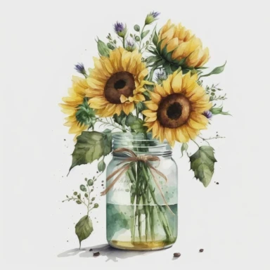 watercolor sunflower clipart, sunflower floral bouquet, white background, sunflower bouquet in the tall jar with water, no caption,