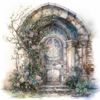 isolated on white illustration watercolor art of a white little front door made from stained glass in the garden house, overgrown with white and light pink roses and flowers, covered with snow and ice, a lot of moss and branches, lace and embroidery, trees, masterpiece by Tomasz Alen Kopera style and by Carl Holsoe style and by James C. Christensen style and by Alexander Jansson style, Baroque Architecture, PNG clipart, isolated on white, white background, extreme photorealistic details, 32k HD 