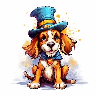 vector cute Dog character wearing wizard custom and wizard element with happy face ,front facing on isolated background,colorful color,with happy face and expression,Animal Sublimation Clipart,no splash watercolor,white background, ultra detailed clipart, cut out image, colorful watercolor realistic, cartoon style, ultra HD, sharp and clean art