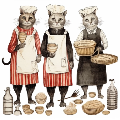vintage cute cats baking, wearing clothes, in the style of edward gorey, clipart, white background