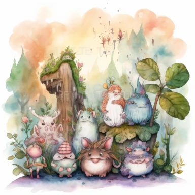 A bunch of Mystical magical cute Ogres in a Magical Forest full of whimsical nature Clipart, Fantasy Art, Fairy Tale Art, cloroful Watercolor