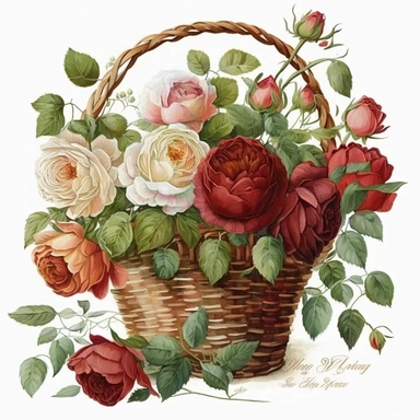 realistic hand painted watercolor of a basket of david austin english red roses, clean white background, clipart