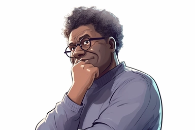 a cute matured melanin plus size man with gray afro detailed, thinking with on hand under chin thinking, full head and shoulder shot, white background, cartoon style, clipart, isolated, no signatures, rich colors, 8k, with studio lighting
