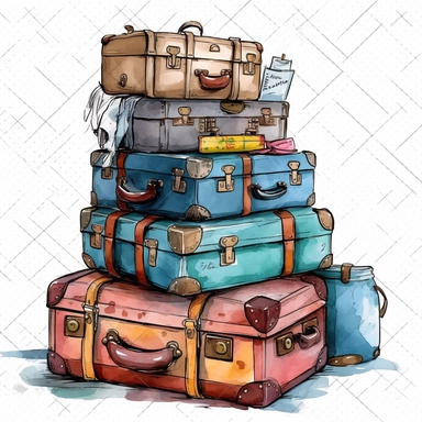 watercolor, Set of traveler's suitcases and accessories on colorful background png Full body realistic cartoon in 32K UHD cute. 15 cm thick outline. Black color. There was no shadow on the ground. 8k with realistic watercolors and detailed illustrations. PNG clipart, transparent white background