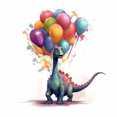 Adorable Diplodocus with a bundle of colorful balloons, watercolor clipart on white background, radiant colors, cheerful expression, Pixar style Diplodocus, vibrant digital art oil paint photorealism, an illustration of a colored Diplodocus, meticulous sketches, Magali Villeneuve, simple, colorful illustrations.
