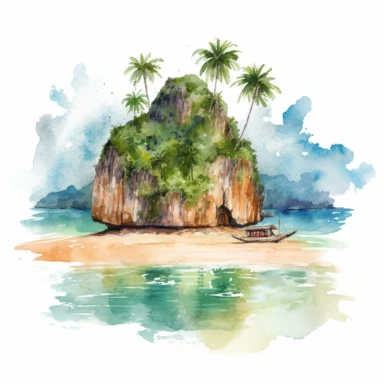 Watercolor drawing of beautiful picturesque dreamy Thailand island beach, watercolor clipart, white background, isolated on white, 8k, watercolor style