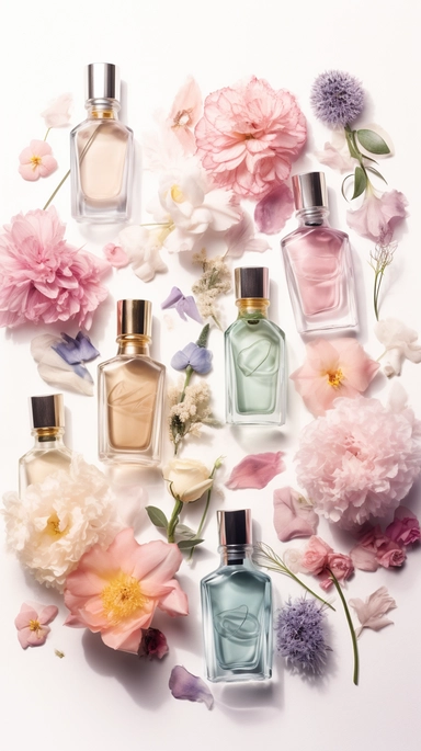 realistic watercolor illustration. clipart. different shape of pastel perfume bottles with variation randomly placed on a white soft background. flowers. roots. sophisticated. made entirely out of different types of flowers and perfume bottles standing tall against a white background. The image is designed as a poster. perfect for printing and sharing with friends and family. knolling