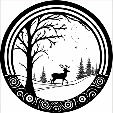 Left aligned, bottom aligned, quarter of a circle, art nouveau style, black lines, detailed, flat design, simple design, sleigh and reindeer, white background, clipart style, black and white,