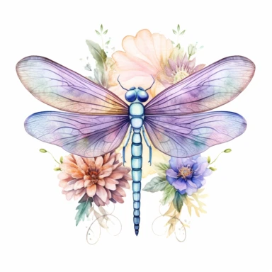 Beautiful Pastel Dragonfly Flower Number  1  Watercolor Clipart,Cartoon, hyper realistic, intricate detail, illustration style,high solution,on the white background