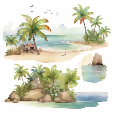Tropical island beach clipart set isolated on white, watercolor, - - no photograph