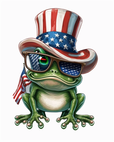 Patriotic frog wearing American flag sunglasses And Hat, cartoon style,upbeat celebration mood,vintage styl, clipart graphic,vector,contour,white background,