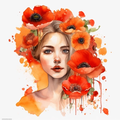 watercolor A woman's face, full body, Poppies - Poppies are bright red or orange flowers with delicate, papery petals. They are often associated with fields of wildflowers and warm summer days. with flowers and leaves adorning her hair. hair up with flowers vividly bold designs png Full body realistic cartoon in 32K UHD cute. 15 cm thick outline. Black color. There was no shadow on the ground. 8k with realistic watercolors. and detailed illustrations. PNG clipart, transparent white background