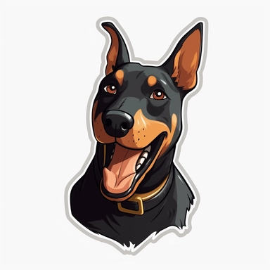 cute Doberman Pinscher, happy and smiling, bold line, clipart, sticker, white background, no shadow, 8k detail