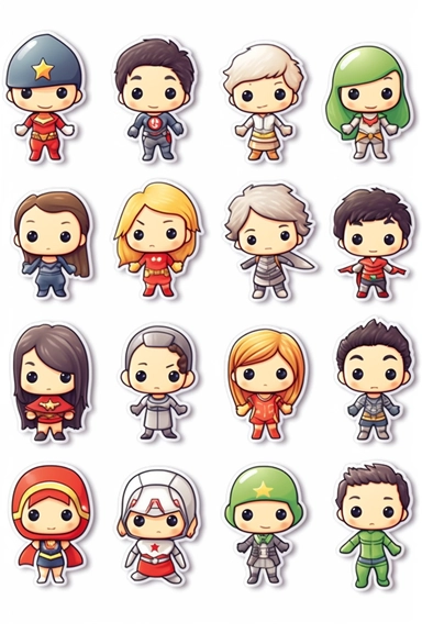 Pure White Heroes: Cute superhero clipart with a clean white background for versatile stickers, cup prints, and t-shirt prints.