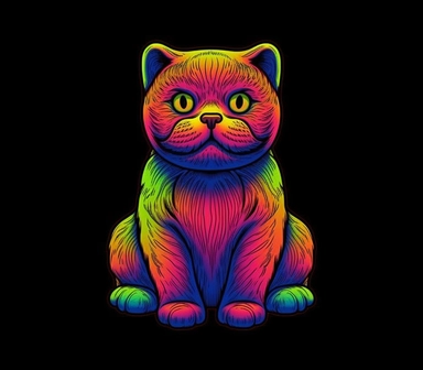 6 tattoo art style adorable cat Scottish fold, black defined outlines, high details, clipart, hd, isolated on black background, spaced out, vibrant rainbow colors