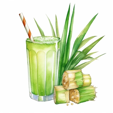 An endearing watercolor Sugar cane clipart of Sugar cane, juice and glass 300DPI