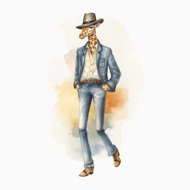 watercolour of A Giraffe wearing a white shirt with a light brown vest on top and slim-fit blue denim pants, He completes his outfit with black leather Oxford shoes and a wide-brimmed dark brown felt hat, clipart, colourful, pastel, 4k, single sheet, realistic, medium shot