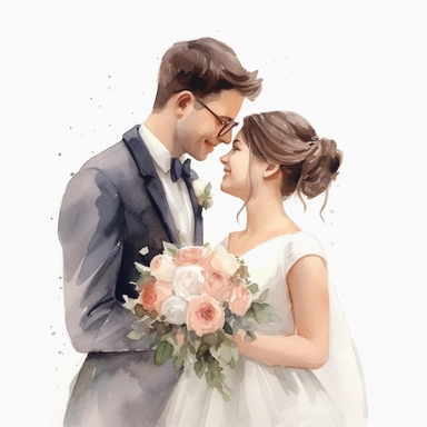 watercolor, drawing, illustration of the bride and groom, the bride is slightly overweight, the bride has a short haircut, laughing, wedding dance, holding a bouquet, flowers, clipart, high resolution image, detailed image, photorealistic, 3D, 4K