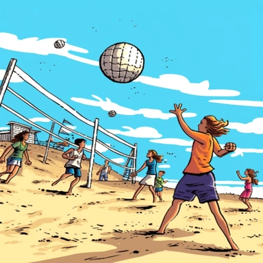 games like beach volleyball, tug-of-war, sandcastle building competition, and frisbee throwing ,beach, clipart 5:16