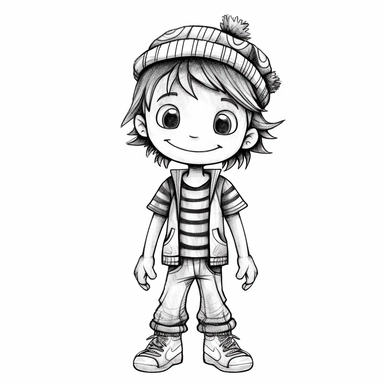 boy doll style smiling, thin black contour lines, arms crossed, jeans, sneakers, striped hat, tousled hair, cartoon clipart, cute eyes, illustration for children, disney