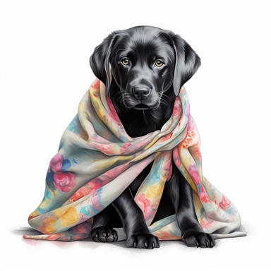 black labrador retriever puppy wrapped in a colorful blanket, watercolor illustration, clipart, full body, hyper-realistic animal illustration, childlike, free brushwork, white background