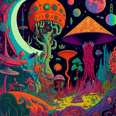 a full screen of poster board saturated with different psychedelic related elements and colors, including such objects as big and small mushrooms, ferns, large trees, little happy-skulls, moons, stars, rocket ships, random strange things, large tentacles, flying saucers with light beams, flowers from other planets, in a jungle scene with many psychedelic colors and other random fun clipart objects in an adventure time environment, green aliens, monkeys, smileyfaces, stars, big shooting stars, fa