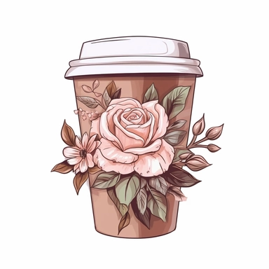 illustration To Go Coffee Cup Clipart, femmecore brown and light pink floral , white background