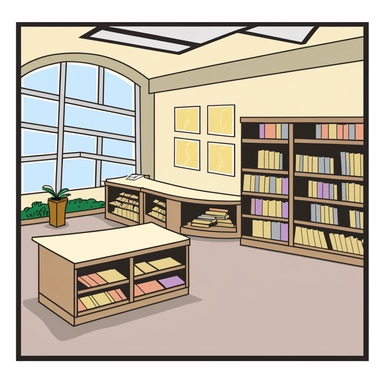 2D clipart style simple drawing of an empty library in an elementary school