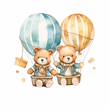 baby boy twins watercolor teddy bear in hot air balloons cute png clipart