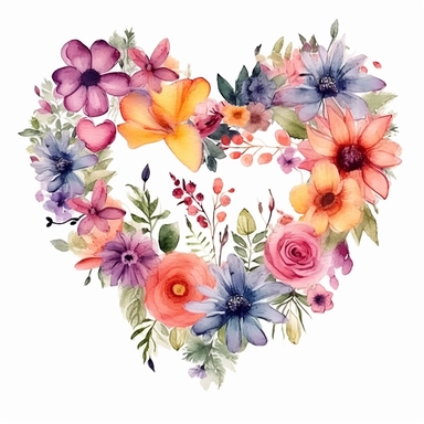 floral heart made of small flowers, lots of detailes, watercolor clipart, vibrant colors, white background