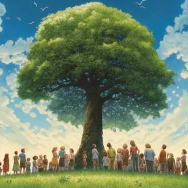 There is a beautiful green field with tall grass waving gently in the breeze. The sky above is a deep blue, dotted with fluffy white clouds. In the center of the field, there is a large tree with a wide, spreading canopy. The tree is surrounded by a group of people, all of whom are smiling and looking up at the tree with joy and wonder in their eyes. The tree itself is covered in small, brightly colored lights, which twinkle and sparkle in the sunlight. At the base of the tree, there is a pile o