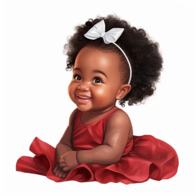 newborn black infant baby girl in a red and burgundy dress, sideview, smiling, soft illustration, clipart
