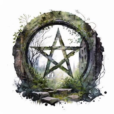watercolor white background, no text, high resolution, in the center of a circular frame, overgrown ruins with a mystical pentagram clipart. Ivy-clad pillars and crumbling stone structures create an atmosphere of forgotten secrets, while mythical creatures and guardian spirits emerge from the shadows, guarding the ancient knowledge within.
