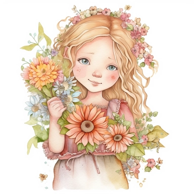 Tilda With An Armful Of Flowers watercolor clipart by Crissy Armstrong and Krista Heij-Barber,
