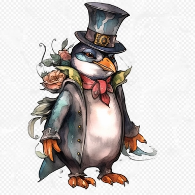 penguin, top hat, full body, cartoon style, baroque, watercolor, colorful, clipart