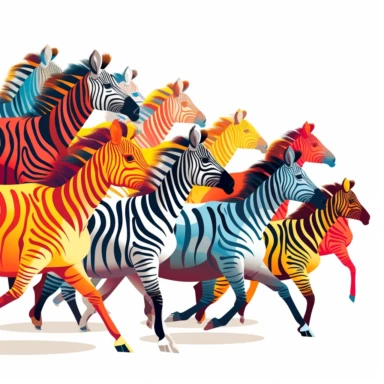 group of cute zebras, running together in a herd, bold colors, clipart, on a white background