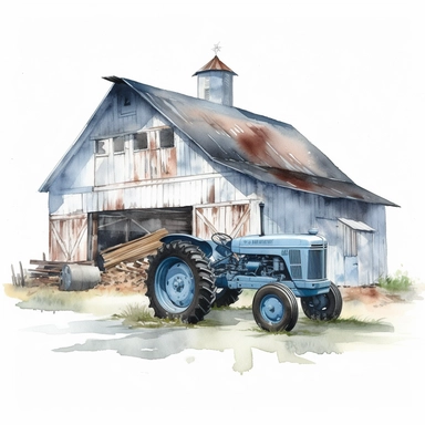 Farm barn light blue and and tractor clipart watercolor on a white background, high quality, photorealistic highly detailed watercolor painting