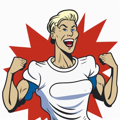 Queer white very muscular power girl smiling soccer champion,short hair and lipstick portrait cartoon character ,white cut out background clipart,Ernie Barnes rendering,2D,,--no shadows