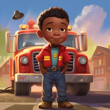 full figure black little boy, toddler dressed as firefighter with haircut standing next to a firetruck. childerns illstration, childerns book, book cover, clipart, disney pixar, pixar