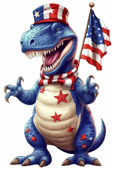 4th of July Patriotic Clip art of patriotic super cute smiling dinosaur, png Full body realistic cartoon in 32K UHD cute, 15 cm thick outline. Black color, 8k with realistic watercolors and detailed illustrations. PNG clipart, transparent white background