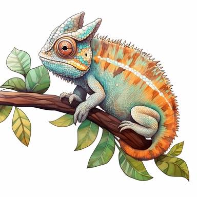 Cute baby Chameleon camouflaged on a branch, Clipart, Ilustration, White background--v 5.1