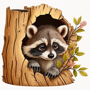 Adorable baby raccoon peeking out of a tree hollow clipart