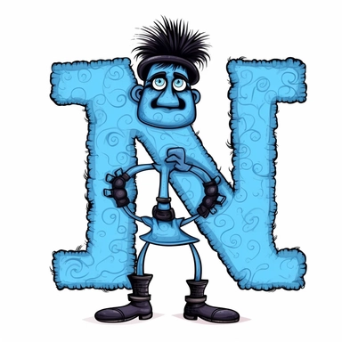 clipart style blue letter N with black line, with arms, legs and friendly cute face for children, isolated, white background,