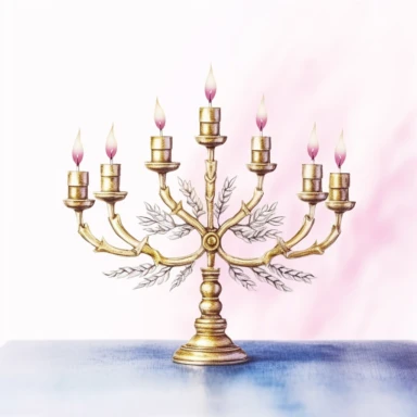 seven branched menorah, watercolor style light purple and light pink theme, clipart