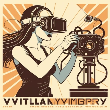 vr headset, virtual reality, industrial worker, poster, goddess in vr gogle, repairing machine, simplistic, abstract, vector, 2d illustration, clipart, few colors, industrial