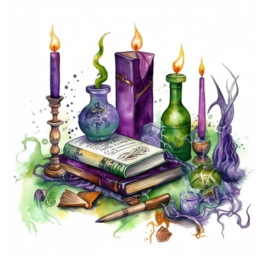 a wizzard study space with scrolls, candles, books, magical items, potions, feathers, jars, ingredients, watercolor, clipart, airbrush art, scientific illustrations, realistic color schemes, intense purple and dark green color, white background