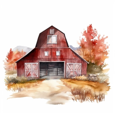 vector watercolor front view only red barn in autumn clipart on white background, from the front red barn in autumn colors, photorealistic, ultrarealisticno background, on whit
