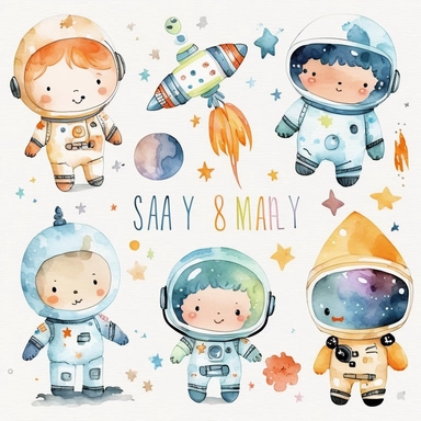 Space watercolor nursery baby boy clipart cute astronaut planets rockets no text