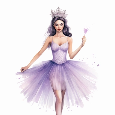 make a clipart of a beautiful photorealistic ballerina in a lavender jeweled tutu, give her black hair with a jeweled crown, use pastel colors, watercolor style, white background